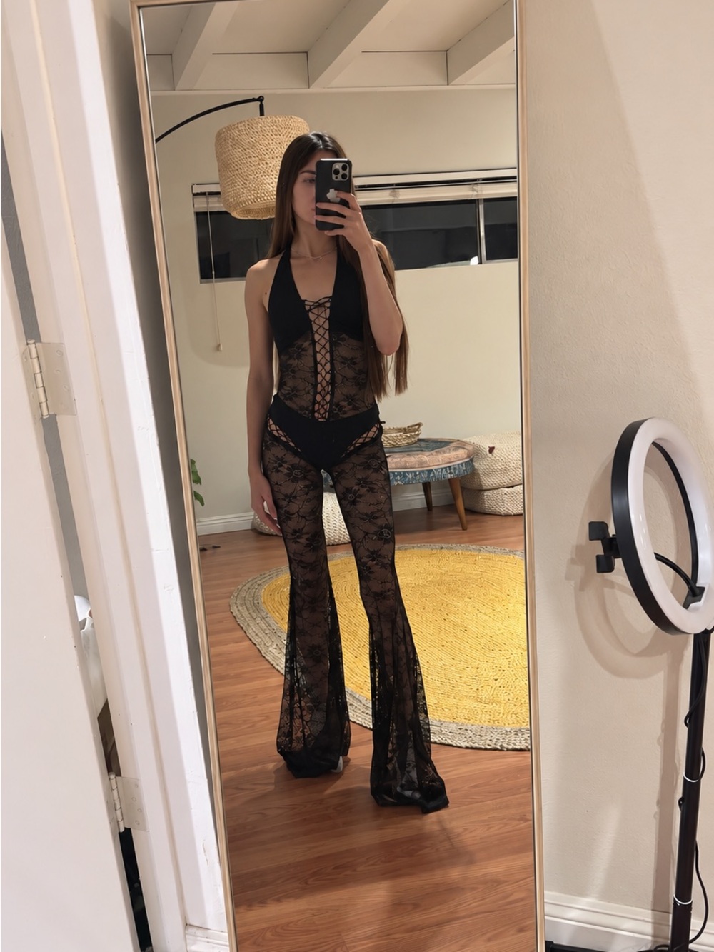 Dolls Kill Black Lace Halter Flared Jumpsuit